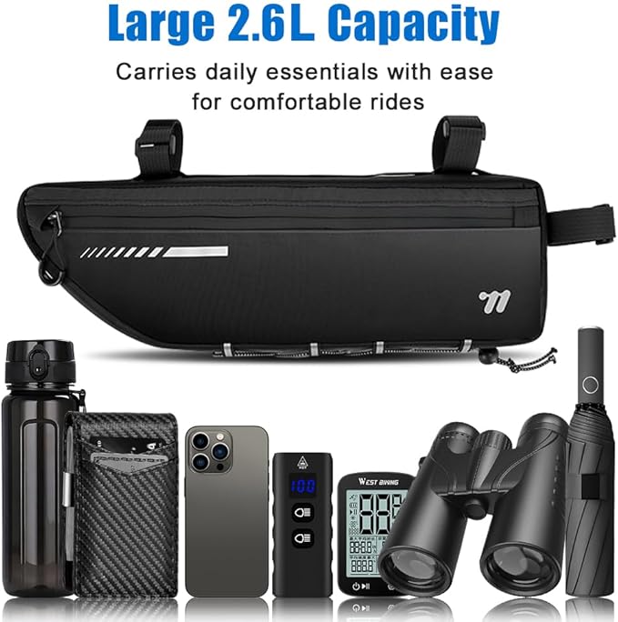 Top Tube Bike Bag - 2.6L Bike Frame Bag with Water Resistant Zipper, Large Capacity Bicycle Bag, Durable Cycling Bag for Mountain Road Bikes, Anti Scratch Bike Top Tube Bag with Side Pockets
