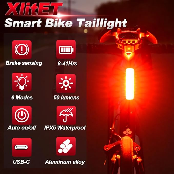 ENFITNIX XlitET Bike Tail Light,Brake Sensing,Auto On/Off,50 Lumen Ultra Bright Rear Bike Light,USB-C Rechargeable LED Bicycle Tail Lights,IPX5 Waterproof,Cycling Accessories Lights for Night Riding.