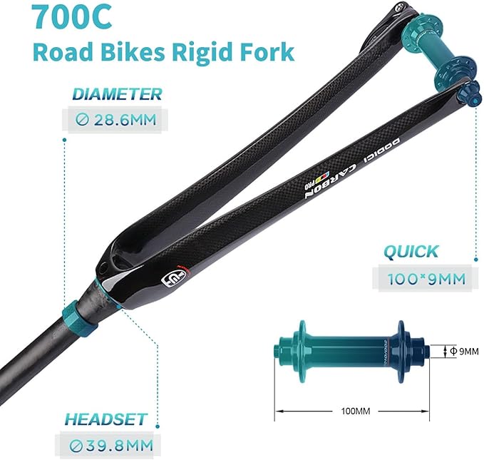Bike Front Forks 700C Road Bikes Rigid Fork 1-1/2" Tapered Tube Threadless Hard Fork Full Carbon Fiber Rigid Fork C Brake 9 * 100mm Quick Release(Red)
