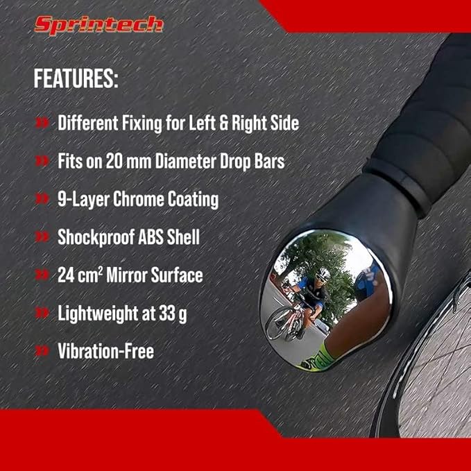 Sprintech Swiss-Made Convex Chrome-Plated Bike Mirror for Drop Bars – Hand-Finished, Adjustable, Reflective Surface, Durable ABS Housing, Universal Fit for Enhanced Rear Visibility (Black, Pair)