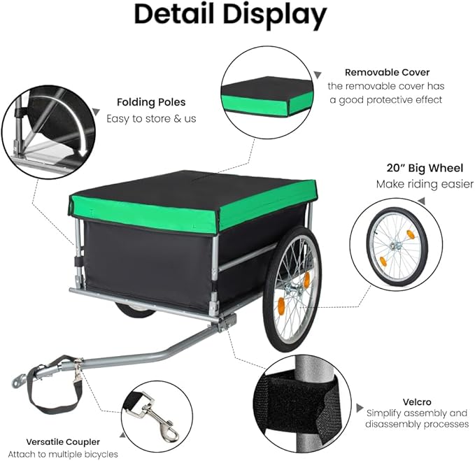 Bicycle Cargo Trailer with 20 Inch Wheels, Removable Cover and Quick-Fold Frame for Groceries, Tools or Luggage