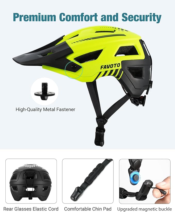 Favoto Adult Mountain Bike Helmet for Men & Women, Magnetic Buckle MTB Helmet with Removable Visor, Lightweight for Commuting & Off-Road Cycling