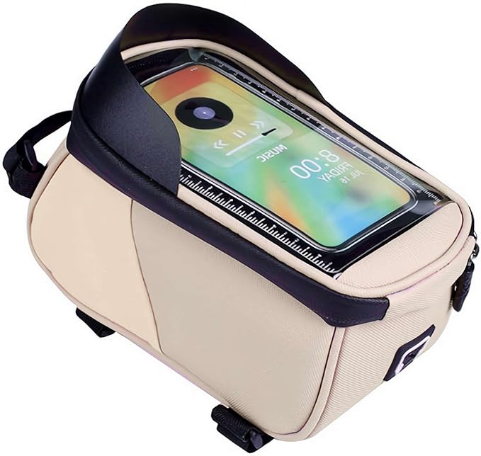 Bike Frame Bag Waterproof - Top Tube Frame Pouch, Cycling Pouch with Rain Cover, Fits Up to 6.5" Touchscreen Window, Storage Straps (beige brown)