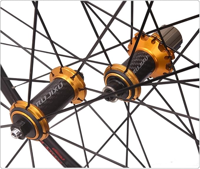 700C Road Bike Wheelset C/V/Rim Brake with Carbon Hub 50mm Double Wall Bike Rims Front and Rear Wheels 8/9/10/11Speed Cassette 100/130mm QR 16H Front 21H Rear(Gold Hub)