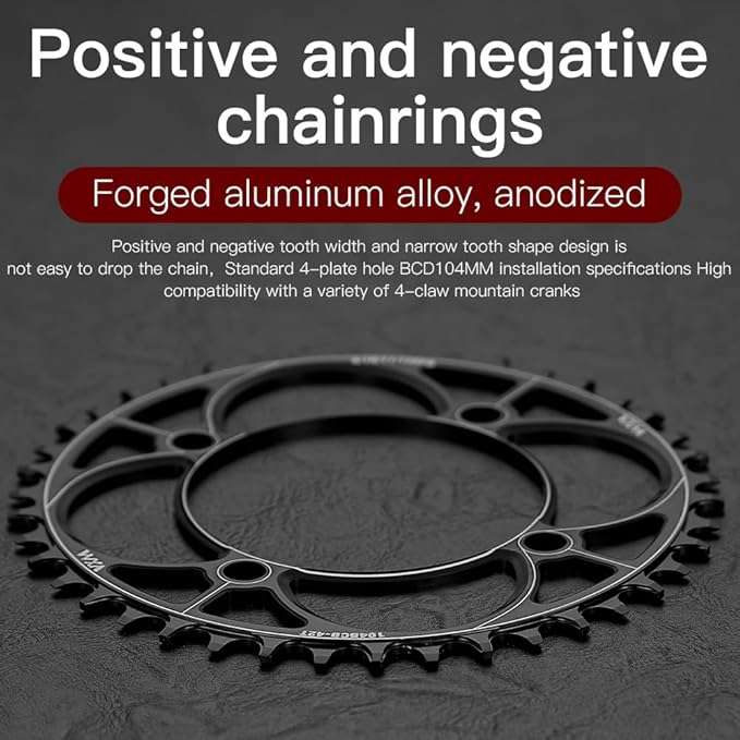 YBEKI 104BCD Chainring - CNC 7075-T6 Aluminum Narrow-Wide Round Chainwheel for MTB/Road Bikes (32-52T) | Compatible with Shimano/SRAM 8-11 Speed | Ultra-Light | Anti-Drop Design (Black/Red)