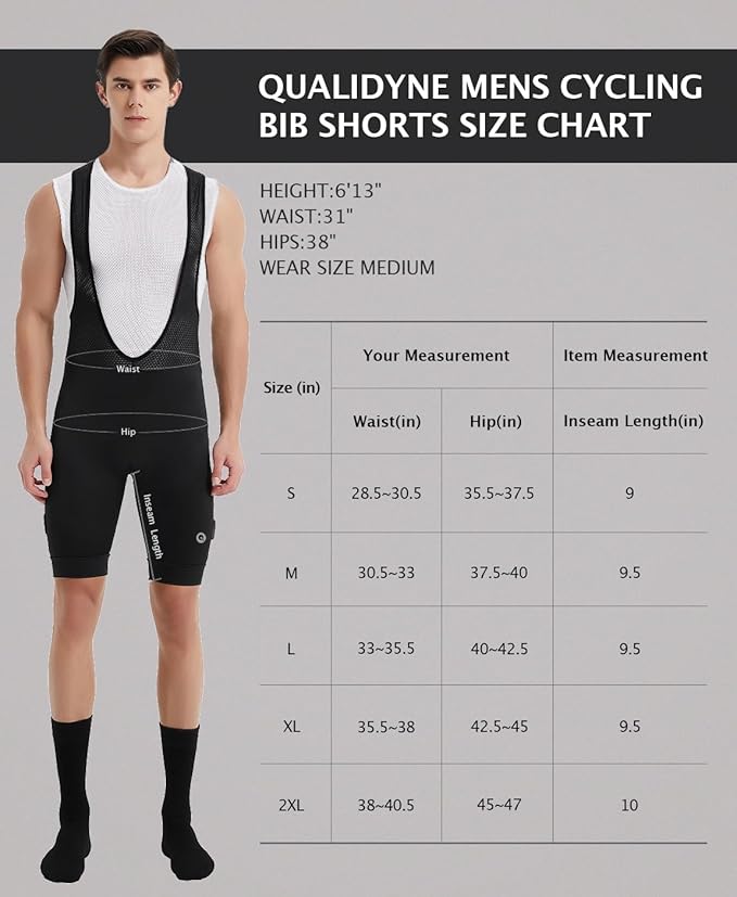 qualidyne Men's Cycling Bib Shorts 4D Padded Breathable Road Bike Bibs Biking Bicycle Shorts