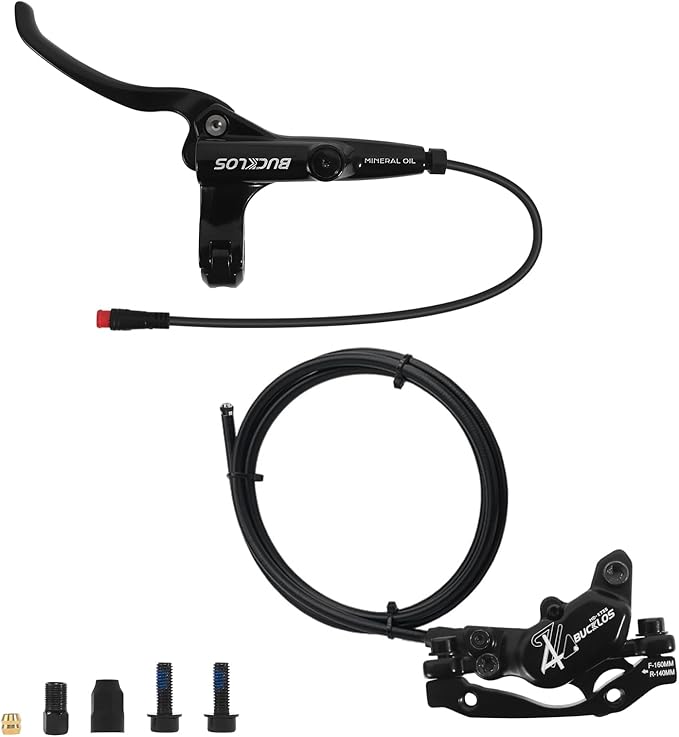 BUCKLOS EBike 2-PIN 4 Pistons Electric Power Off MTB Hydraulic Disc Brake Set,E-Bike Left Front 1150mm Right Rear 1950mm Aluminum Alloy Caliper Lever for ebike/Scooter/Mountain Bike HD-E735(Pre-Bled)