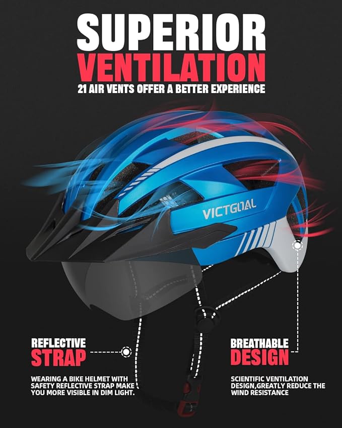 VICTGOAL Bike Helmet with USB Rechargeable Rear Light Detachable Magnetic Goggles Removable Sun Visor Mountain & Road Bicycle Helmets for Men Women Adult Cycling Helmets