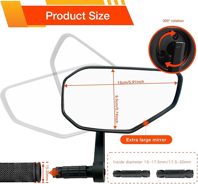 Bike Mirror, Bicycle Mirror for Handlebar Mount, Scratch Resistant Glass Lens Large Bar End Bike Rear View Mirror for E-bike, Mountain Bike, City Bikes & Scooter (Left&Right 0.59-0.78")