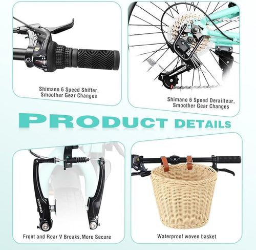 20 Inch Folding Bike for Adults, 6-Speed Steel Frame City Commuter Bicycle with Basket, Phone Holder, Fenders and Dual V-Brake, Portable Compact Foldable Cycle for Men and Women