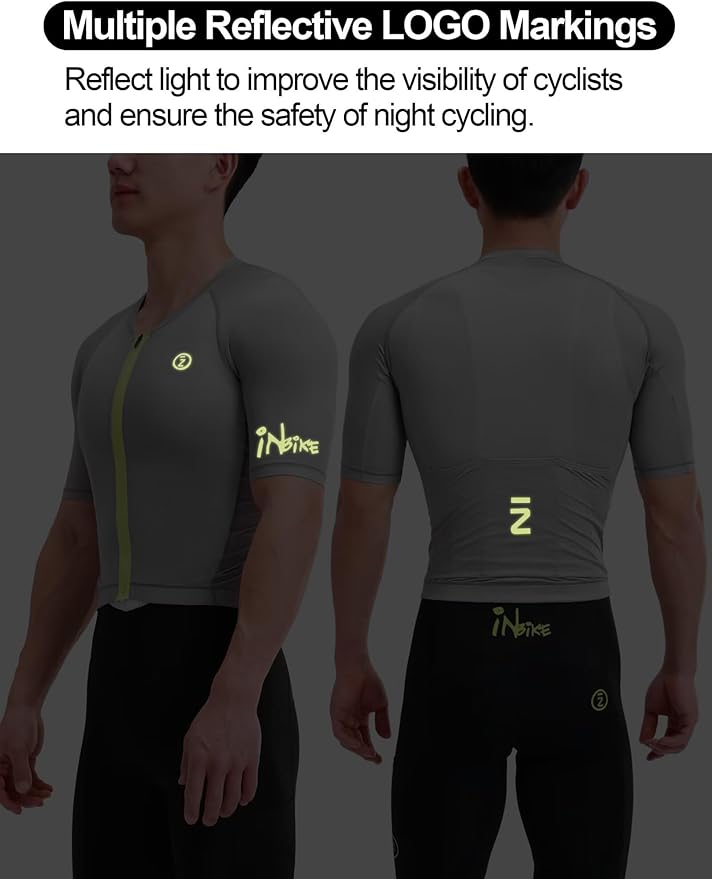 INBIKE Mens Cycling Jersey Breathable Elastic Bike Jersey 3 Rear Pockets Moisture Wicking Short Sleeve Quick Dry Reflective Biking Shirts Large Gray