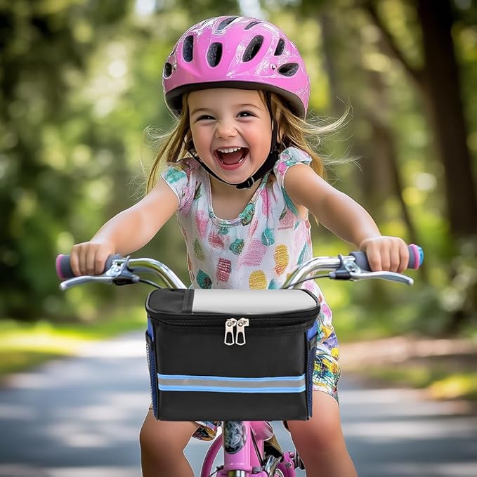 Kids Bike Basket, Front Frame Scooter Basket Bag, Bicycle Handlebar Bag for Boys Girls with Zipper, Bike Decoration for Most Children's Bikes Like Tricycle, Balance Bik-e(COLOR:Blue)