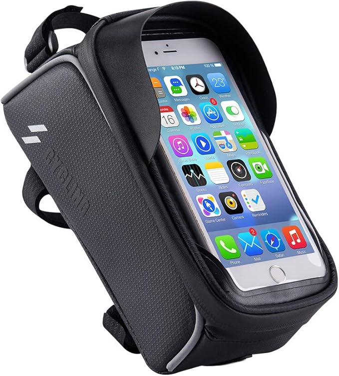 Bike Frame Bag, Bike Phone Mount, Waterproof Bicycle Handlebar Bag Cycling Front Top Tube Pouch Pannier Bike Phone Holder Stand for iPhone 16 15 14 13 12 11 Pro Max XS Samsung Smartphones Below 6.5''