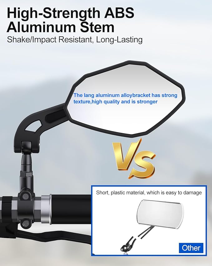 Adjustable Handlebar Bike Mirror- Anti-Slip Pads & Installation Wrench, 360° Rotatable HD Shatterproof Glass Electric Bike Mirrors, Fit for Mountain/E-Bikes/Road Bikes (1 Pair)