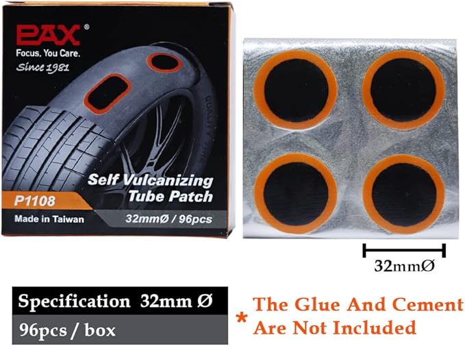 PAX 96 Pcs 32mm (1.26") Round Inner Tube Patches, Tire Puncture Repair Kit for Mountain Bike, Motorcycle, ATV, Wheelbarrow & Inflatables - Large Puncture Fix - Works with Rubber Cement