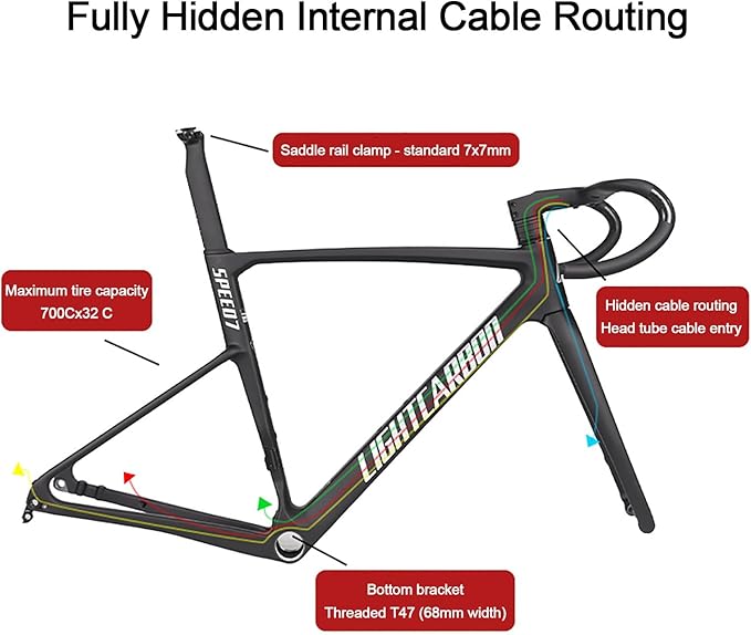 46/49/52/54/56/58cm Road Bike Frameset 700C Carbon Fibre Frame Frame 12x142mm Thru Axle Disc Brake Quick Release Frame(400x110mm,58cm)