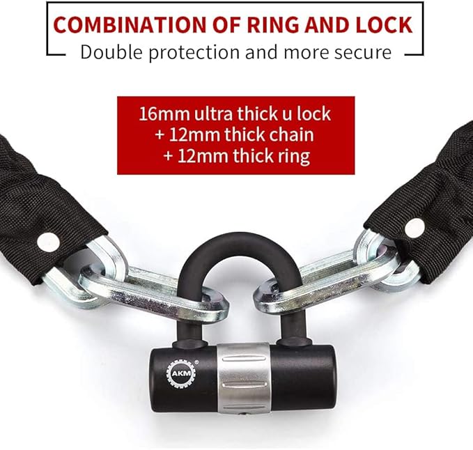 AKM Motorcycle Chain Lock 150cm/5ft Heavy Duty Bike Chain Lock Anti-Theft Cutproof 12mm Thick Security Bicycle Chain Lock with 4Keys 16mm U Lock Disc Lock for Moped,Motorcycle,Gate