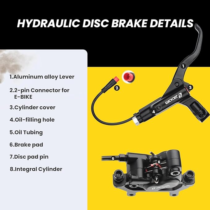 Hycline 4-Pistons Ebike Hydraulic Brake Set: Zoom H876E 2-PIN Power-Off Electric Bike Disc Brake Kit Included 160mm/180mm Rotors and Mounting Adapter
