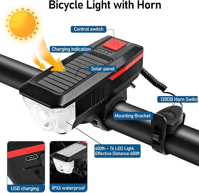 Rechargeable Solar Bike Lights, Night Ultra Bright Bicycle Lights Headlight and Back Taillight with Electric Bell, Easy to Install Waterproof, Road and Mountain LED Bike Lights