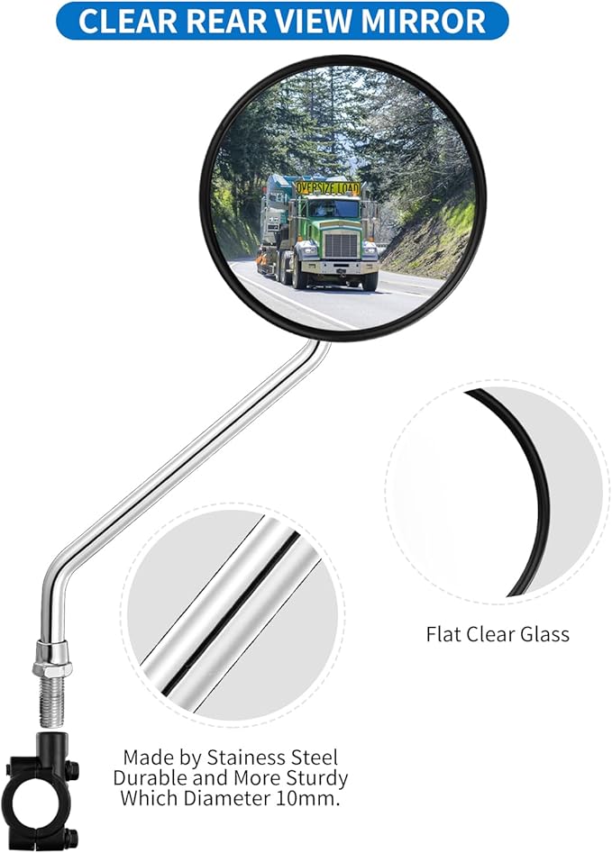Bike Handlebar Rearview Mirror, Universal Adjustable Rotatable Clear Mirror for Mountain Road Bike Bicycle ebike Motorcycle Scooter Right Left Available with Bolt 10mm (2 Pcs)