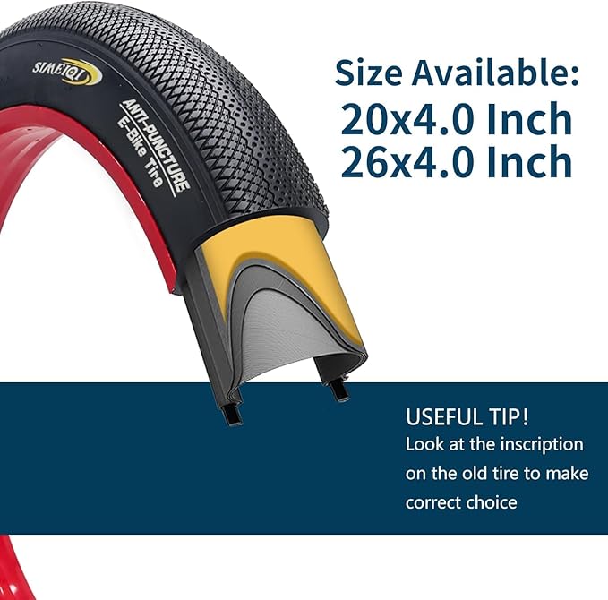 SIMEIQI 20"/26"X4.0" Inch E-Bike Fat Bike Tire and Tube Beach Cruiser Electric Bicycle Tricycle Tyres Foldable Replacement Tire for City Commuter Ebike Street Road Pavement Park Urban