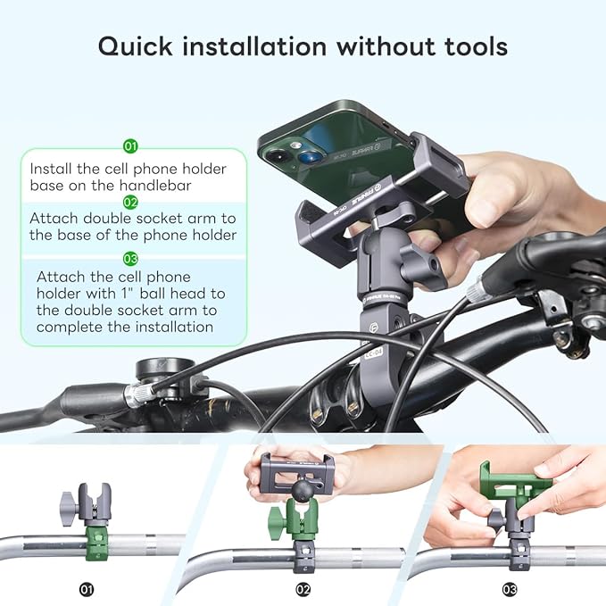 FANAUE Aluminum Motorcycle Phone Holder with 1" Ball Head Adapter Compatible with RAM mounts B Size Double Socket arm & Bike Handlebar Cell Phone Mount for 6-8.5" Smartphone
