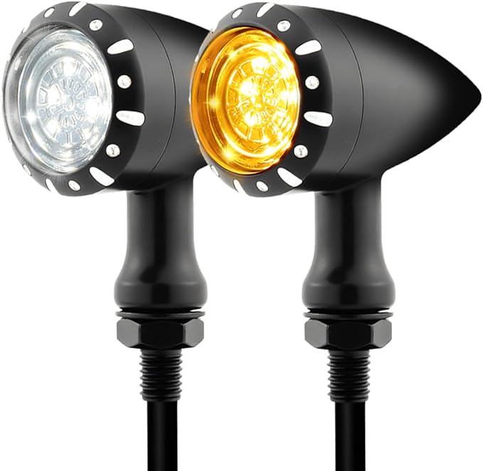 Bullet Style Motorcycle LED Turn Signals, Front Driving Light & Amber Indicator, Zinc Alloy Housing, M10 Mount Universal Fit for Cruiser Bobber Chopper Cafe Racer (Black-Front)
