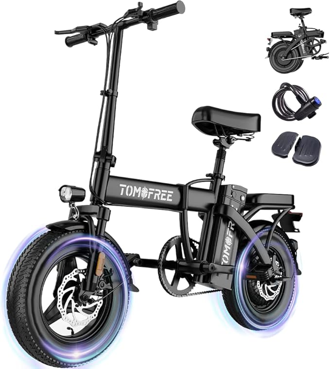 Tomofree 750W Folding Electric Bike, 48V 20AH Removable Battery, 20-25MPH, 14''x 2.1'' Tire, 25-35miles PAS, Front/Full Suspension, 200lbs Load Ebike for Adult, Adult Electric Bicycles for Commute