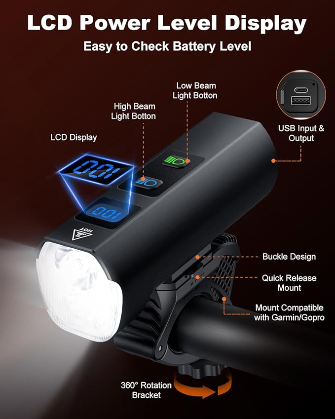 2026 New Bike Lights for Night Riding, 5000mAH Rechargeable Bicycle Lights Front and Rear, 11+5 Modes Bike Headlight & Tail Light Set, Super Bright Bike Front Lights, High Beam+Low Beam, Waterproof