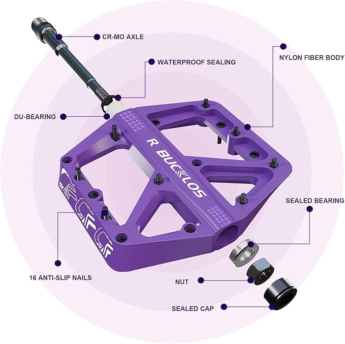BUCKLOS Mountain Bike Pedals MTB Pedals Flat, Adult Bicycle Road Bike Large Platform Nylon Non-Slip Pedal for Gravel Bike/Hybrid Bike 9/16"