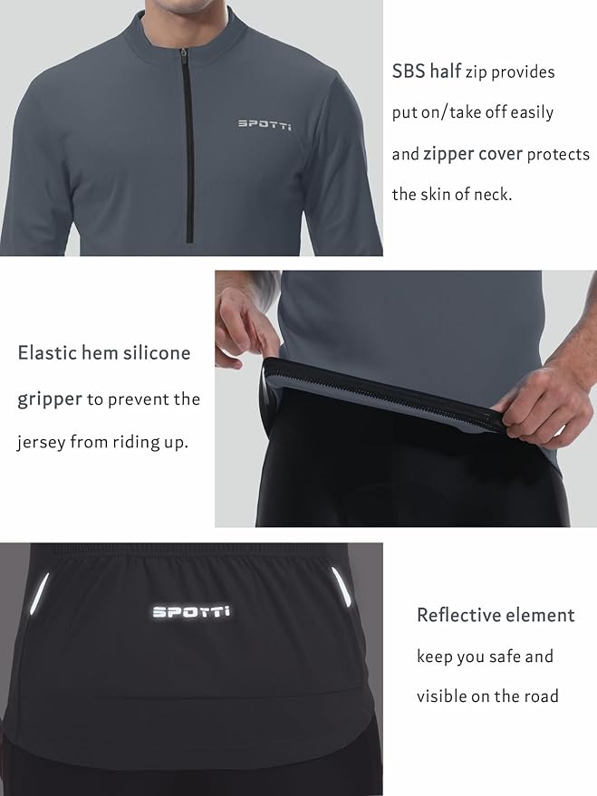 Spotti Men's Cycling Bike Jersey Long Sleeve with 3 Rear Pockets - Moisture Wicking, Breathable, Quick Dry Biking Shirt