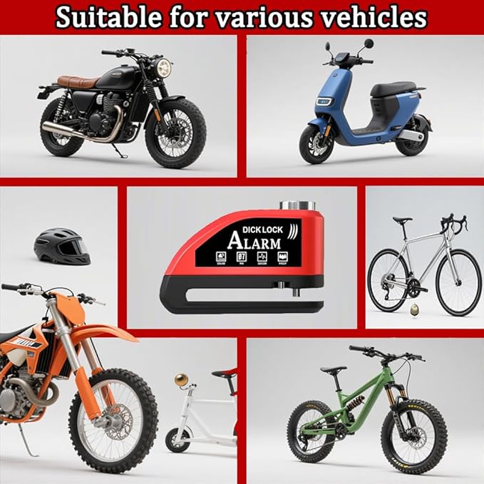 Motorcycle Alarm disc Brake Lock - USB Rechargeable, 130 Decibel Sound, Anti-Theft and Waterproof, Suitable for Various Bicycle and Motorcycle Models. with Reminder Rope and hex Wrench. (Red)