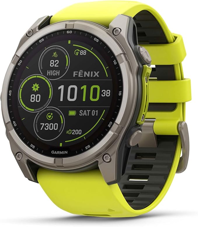 PlayBetter Garmin Fenix 8 Solar Sapphire (51mm, Titanium/Amp Yellow) Multisport GPS Smartwatch Bundle - 1.4” Touchscreen, Built-in LED Flashlight Wireless Running Earbuds