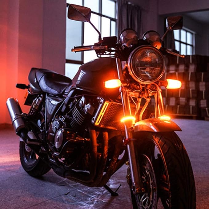 2PC Flexible Switchback Dual-Color White & Amber Motorcycle LED Fork Turn Signal Blinkers DRL Daytime Running Light Waterproof Adjustable Stips Bars kit Universal Fit Motorbike (39mm-70mm)