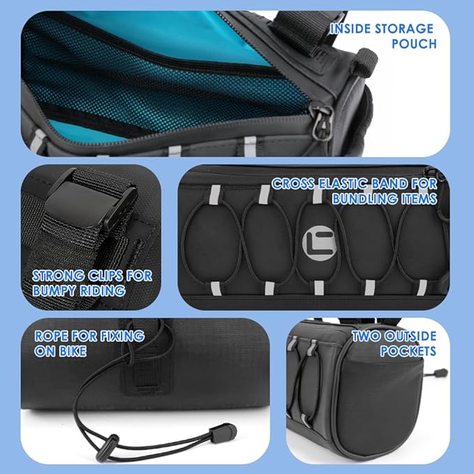 WOTOW Bike Handlebar Bag Waterproof - Bicycle Handlebar Bag with Large Reflective Area & Strips, Bike Front Pouch with Waterproof Zipper Shoulder Strap Removable Straps for Cycling (Cuboid, 2.7L)