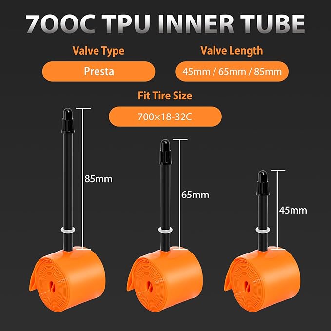4-Pack WHEELO TPU 700C×18-32C Bike Inner Tube, Ultralight (ALLRoad & Gravel) Bike Tube with 45mm/65mm/85mm Presta Valves for Road Bike (Include Bike Tube Patch Repair Kit)
