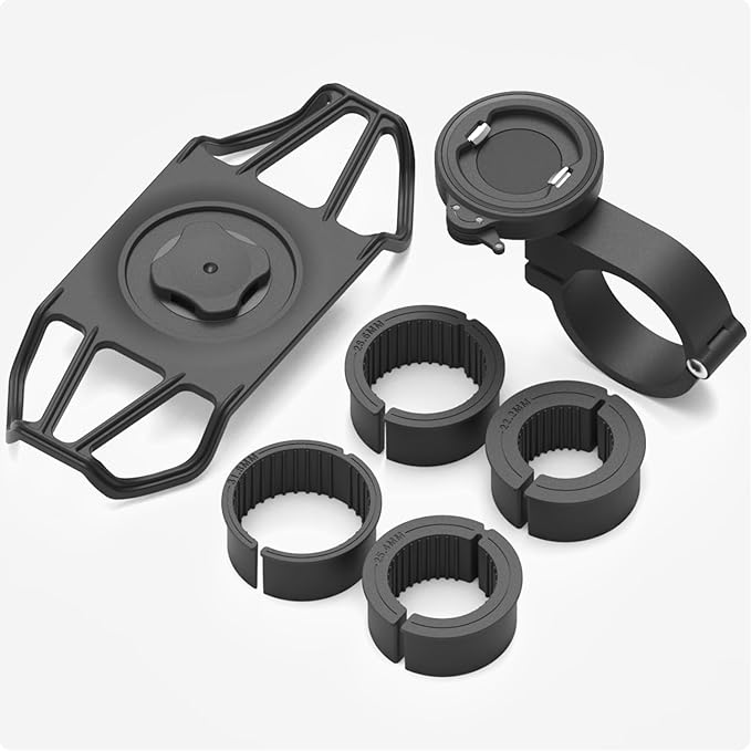 Bike Handlebar Phone Mount with Shockproof Silicone Grip – Quick-Lock Aluminum Out-Front Holder with Dual Safety Buckles & Elastic Strap, Fits 4.0”–6.7” Phones – Secure Fit for Road & Urban Rides