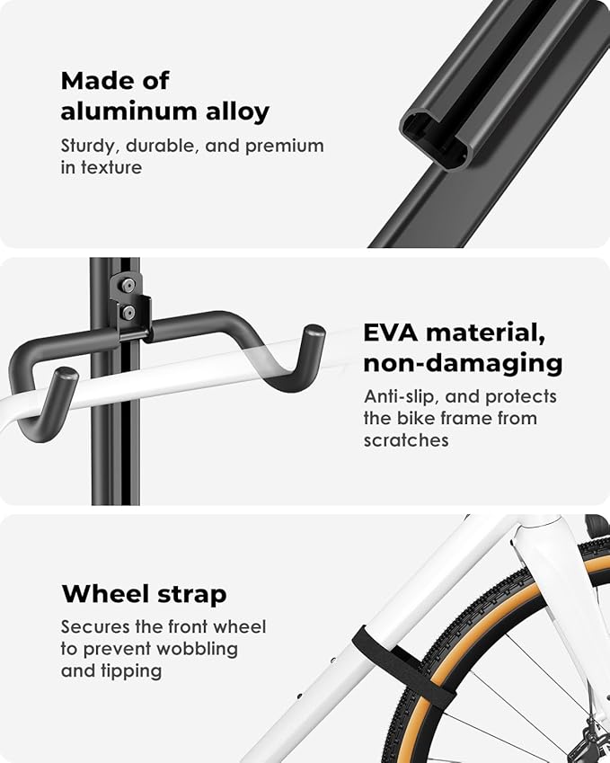 Viozon Adjustable Bike Floor Stand, Aluminum Alloy Vertical Bicycle Storage Rack with Height & Angle Adjustment, EVA Protective Hooks & Wheel Strap, Max Load 33lbs, Space-Saving Bike Rack