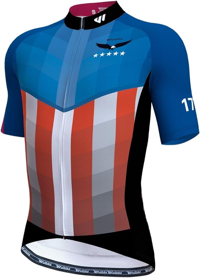 Lo.gas USA Cycling Jersey Men Short Sleeve Bike Biking Shirts American Flag Road Bicycle Clothing Full Zip with Pockets