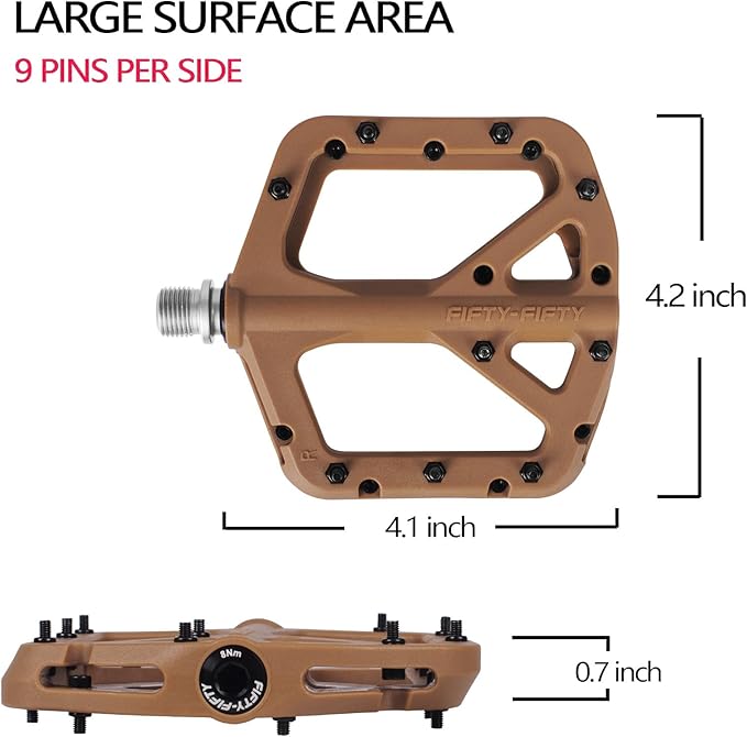 FIFTY-FIFTY Mountain Bike Pedals, Non-Slip MTB Nylon Composite, 9/16" Bicycle Pedals, Lightweight and Wide Flat Platform