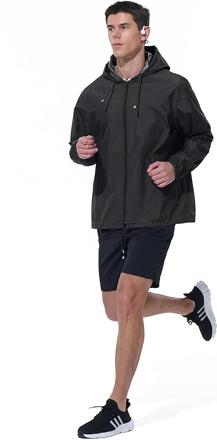 Mens Rain Jacket Raincoat Windbreaker Running Waterproof Lightweight Packable with Hood Travel Hiking Cycling