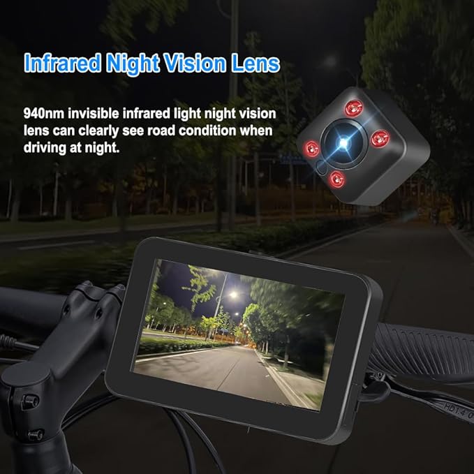 VSYSTO Bicycle Rear View Camera, 4.3'' HD Display Screen Infrared Night Vision Bike Mirror Camera Waterproof DVR for Bicycle Handlebar, GPS, Wired Controller, Temperature and Calories Display (C4.3)