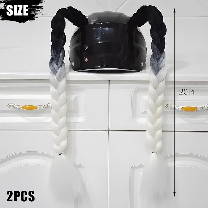 Helmet Pigtail Braids, 2PCS Motorcycle Helmet Ponytail Hair Tails Braid with Detachable Suction Cup, Hel-met Not Included, Bike Decoration Accessories, Universal for Bicycle Motorbike (Style3)