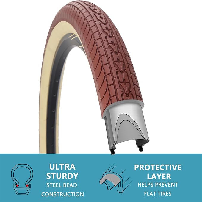 SIMEIQI 26x2.35 20x2.35 Inch Cruiser Beach Bike Tire Black White Wall or Brown Cream Wall Folding Replacement Bicycle Tire for Hybrid City Commuter Trail