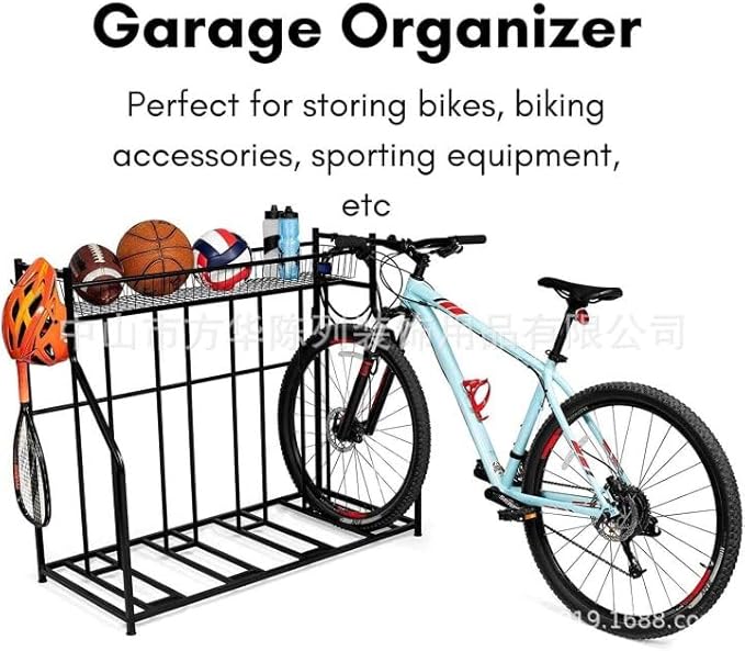 Kapler Bike Stand Rack - 4-Bicycle Floor Parking with Storage Basket & Anti-Slip Base for Garage Backyard Indoor & Outdoor Use - Fits Mountain Road & Hybrid Bikes