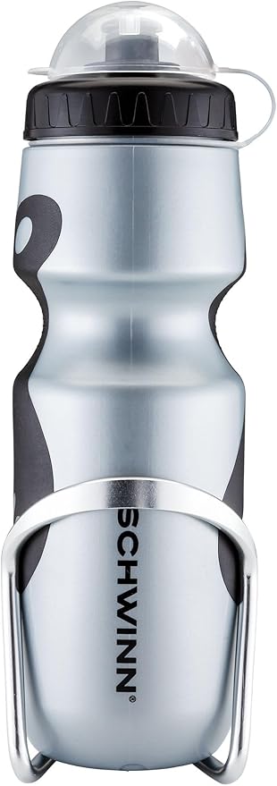 Schwinn Sport Water Bottle with Holder for Bicycle, 23 oz, BPA-Free, No-Slip Grip, Dust Cap Lid, Cage Easily Mounts to Bike, Bike Water Bottle Holder Combo