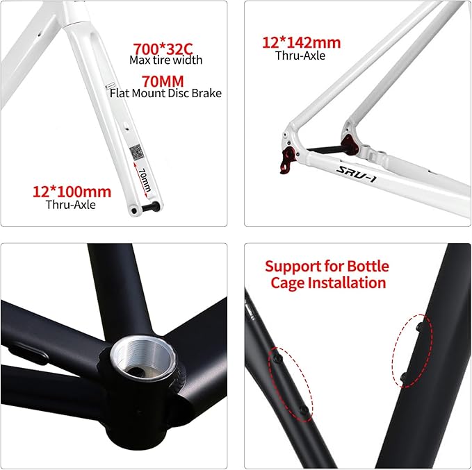 700C Road Bike Frameset 50cm 52cm Aluminum Alloy Track Frame Breaking Wind Racing Cyclo-Cross Frame Thru Axle F12*100MM R12*142MM BSA BB68mm Disc Brake Carbon Fork(Matte Black,50cm)