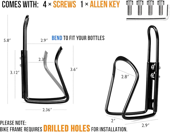 YHT 2 Pack PRO Mountain Bike Water Bottle Holder, Lightweight Aluminum Alloy Bicycle Cup Cage with Screws and Tool, Durable Drink Cages for Outdoor Activities, Road, Touring Bike, MTB Cycling, Blacks