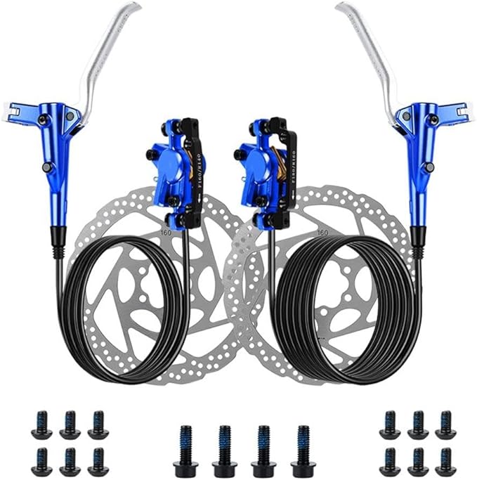 Bicycle Hydraulic Disc Brake Set, Front 800Mm Rear 1400Mm Hose 2-Piston MTB Brake System With 160Mm Rotors For Mountain Bike, 370N Stopping Power(Blue)