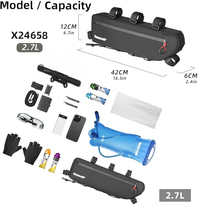 Rhinowalk Bike Frame Bag Waterproof, Top Tube Bicycle Bag with Side Compartments, Pump Holder, and Hidden Cable Port, (2.7L, Black)